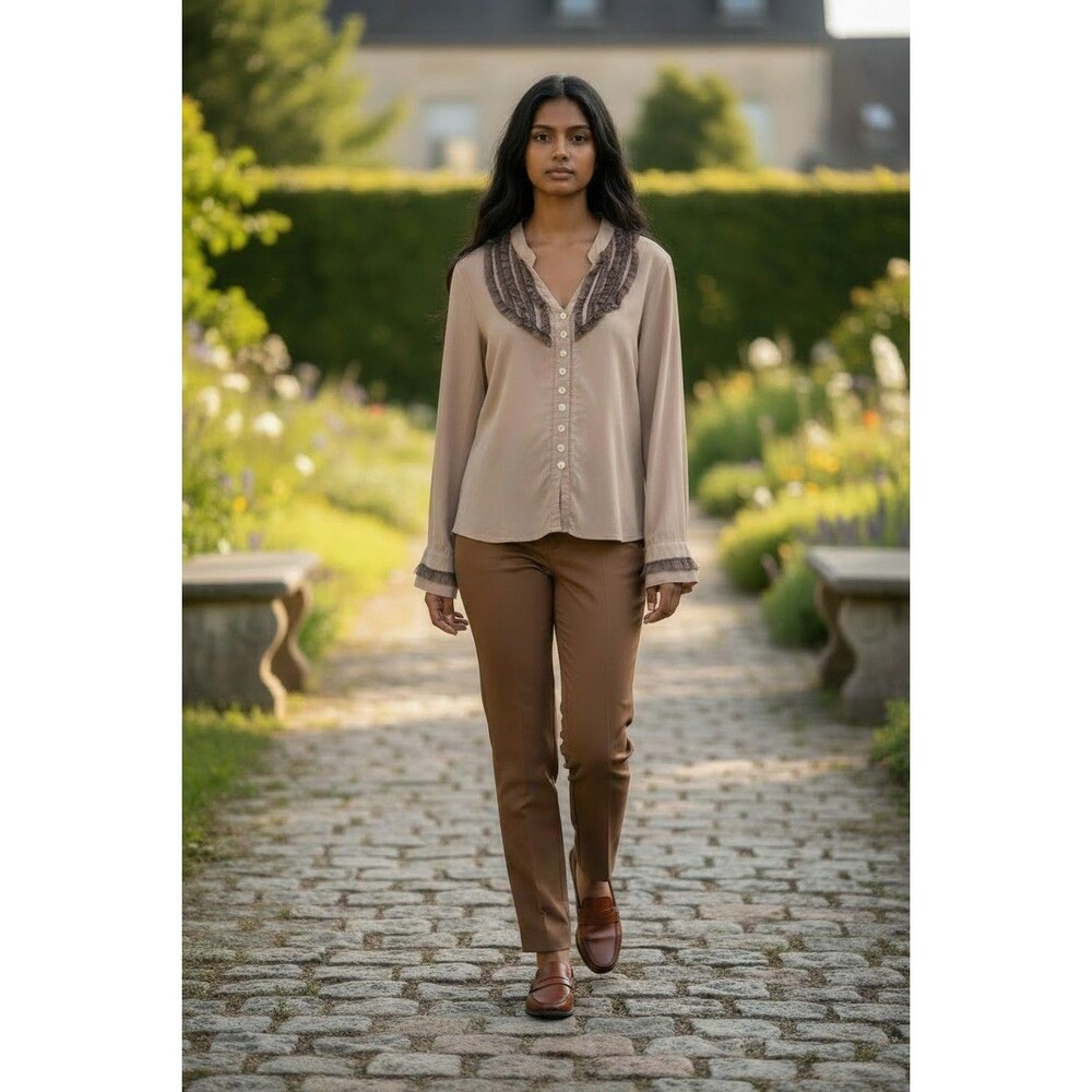Y2K Daytrip Women's Med Sheer Light Brown Button Front  Long Sleee Blouse